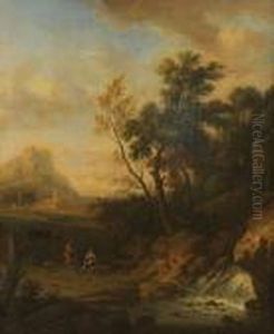 Arcadisch Landschap Met Reizigers Bij Waterval