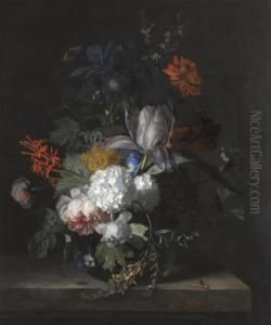 A Still Life With Hydrangea,
Convolvulus, Polyanthus, Peonies, Auricula, Carnation, Tulips, Snowballs
And Other Flowers In A Glass Vase Over A Stone Ledge With A Blubottle
To The Left And A Hornet To The Right by Jan Van Huysum