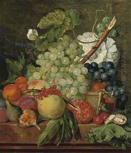 Figs, Peaches, An Apple, A
Pomegranate, Cherries And A Walnut On Aledge With Grapes, An Orange And
Peonies In A Basket, With Abutterfly, A Fly And A Bumblebee by Jan Van Huysum