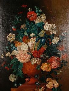 Tulips, Roses, Narcissi, 
Chrysanthemums,irises And Other Flowers In A Terracotta Vase On A 
Marbleledge