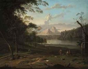 A Wooded, River Landscape With 
Shepherds And Their Flock, A Hilltoptown And Mountains Beyond by Jan Van Huysum