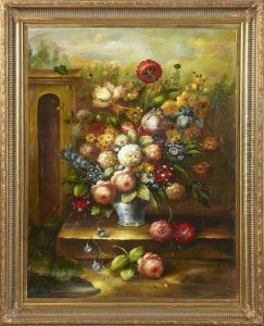 Floral Still Life On A Stone Plinth Ina Garden Landscape