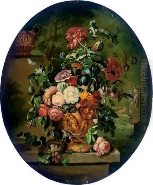 Chrysanthemums, Roses And Other Flowers In A Sculpted Urn, On Aledge - view 1