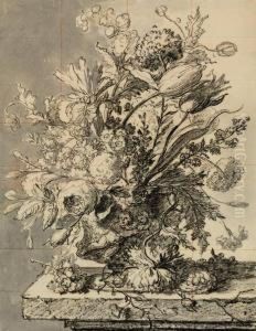 A Bouquet Of Flowers In A Terracotta Vase Resting On A Ledge by Jan Van Huysum