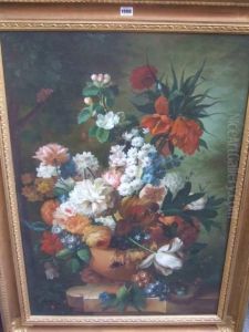 Still Life Of Summer Flowers In An Urn On A Marble Ledge by Jan Van Huysum