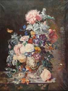 Bouquet De Fleurs, Papillons, Insectes. by Jan Van Huysum