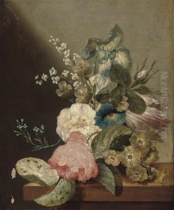 Roses, An Iris, Lily Of The Valley On A Wooden Ledge by Jan Van Huysum