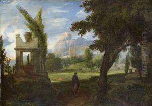Paysage De Campagne Aux Abords D'une Ville Antique Avec A Gauche Un Cenotaphe by Jan Van Huysum