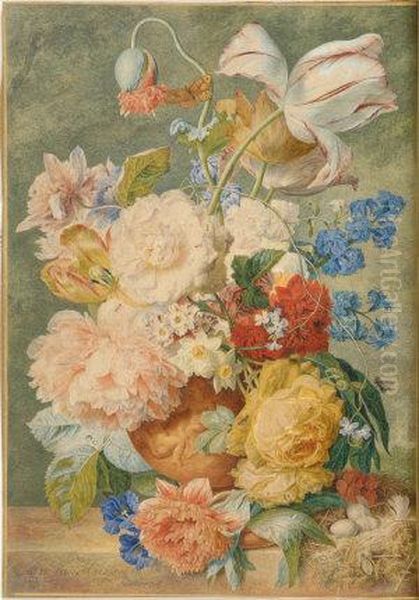 Flowers In A Terracotta Vase On A Marble Ledge - view 1