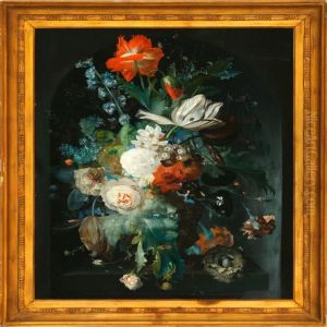 Still Life With Flowers, Snails And A Bird's Nest On A Table by Jan Van Huysum