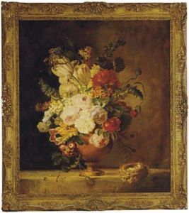 Still Life Of Flowers And A Birds Nest On A Ledge