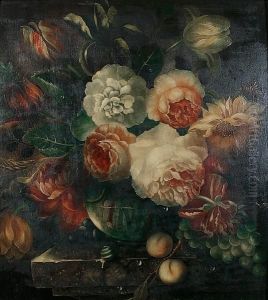 A Still Life Of Roses, Peonies, 
Tulips And Wheat In A Glass Bowl With Apricots, Red And White Grapes, 
Butterflies And A Snail On A Stone Ledge