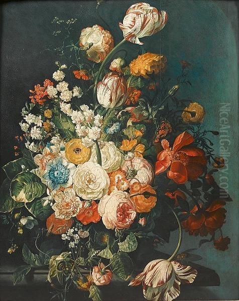 Roses, Tulips, Chrysanthemums, Poppies And Other Flowers In A Vase On A Stone Ledge - view 1