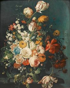 Roses, Tulips, Chrysanthemums, Poppies And Other Flowers In A Vase On A Stone Ledge by Jan Van Huysum