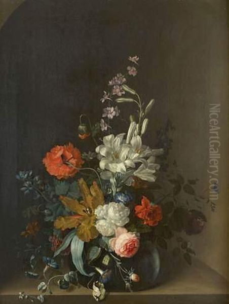 Vase De Roses, Lis Blanc, Pavot Et Tulipes Sur Un Entablement - view 1