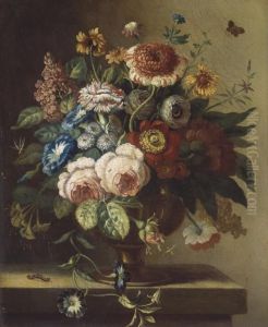 Bouquet De Fleurs Dans Un Vase En Bronze Sur Un Entablement