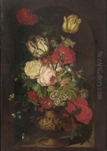 Carnations, Tulips, Morning
Glories, A Rose And Other Flowers In A Sculpted Urn In A Casement, With
Two Butterflies by Jan Van Huysum
