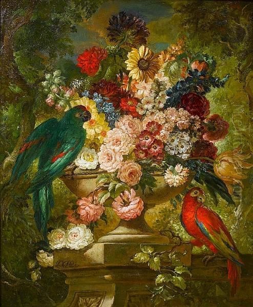 A Sunflower, Roses, A Carnation,
Tulips, Narcissi And Other Flowers, In A Stone Urn On A Plinth With Two
Parrots - view 1