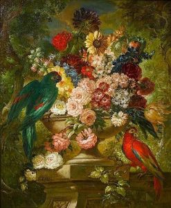A Sunflower, Roses, A Carnation,
Tulips, Narcissi And Other Flowers, In A Stone Urn On A Plinth With Two
Parrots by Jan Van Huysum