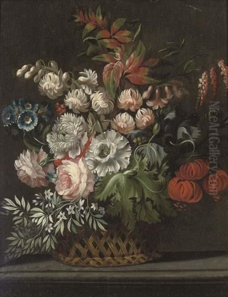 Chrysanthemums, Roses And Other Flowers In A Wicker Basket, On A Ledge - view 1