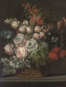 Chrysanthemums, Roses And Other Flowers In A Wicker Basket, On A Ledge by Jan Van Huysum