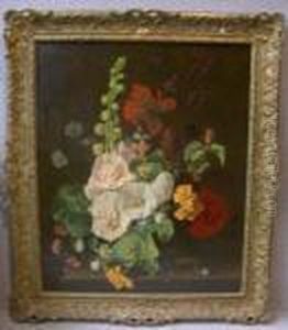 Hollyhocks And Other Flowers With Snails On A Stone Ledge
