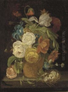 Roses, Morning Glory, A Tulip And Other Flowers In A Vase On A Ledge by Jan Van Huysum