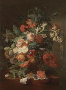 Still Life With Roses, Morning 
Glory, Orange Blossom And Various Other Flower Together In An Urn On A 
Stone Ledge by Jan Van Huysum