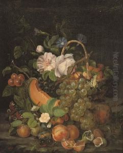 Butterflies On A Basket Of Fruit And Summer Blooms by Jan Van Huysum