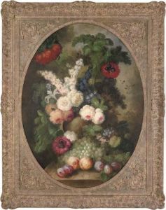 Peonies, Delphiniums, Stock, With Grapes And Peaches To The Side