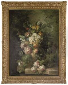 Poppies,tulips And Other Flowers On A Stone Hedge by Jan Van Huysum