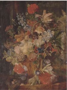 Tulips, Morning Glory, And Other Flowers by Jan Van Huysum