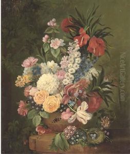 Roses And Other Flowers In A Vase On A Stone Ledge by Jan Van Huysum