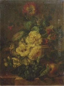 Carnations, Poppies, Roses And 
Other Flowers In A Basket With Black Grapes And Peaches On A Ledge