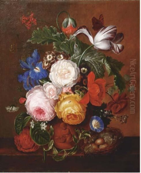Roses, Parrot Tulips, Irises And
Other Flowers In A Terracotta Urn And A Bird's Nest With Eggs On A
Wooden Ledge - view 1