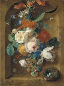 A Festoon Of Flowers Hanging From A Red Ribbon In A Stone Niche With A Bird's Nest by Jan Van Huysum