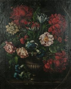 Chrysanthemums, Roses, Morning Glory And Other Flowers In A Stone Urn, In A Painted Oval