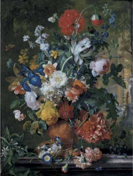 Flowers In A Terracotta Vase On A Marble Ledge - view 1