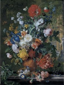 Flowers In A Terracotta Vase On A Marble Ledge by Jan Van Huysum