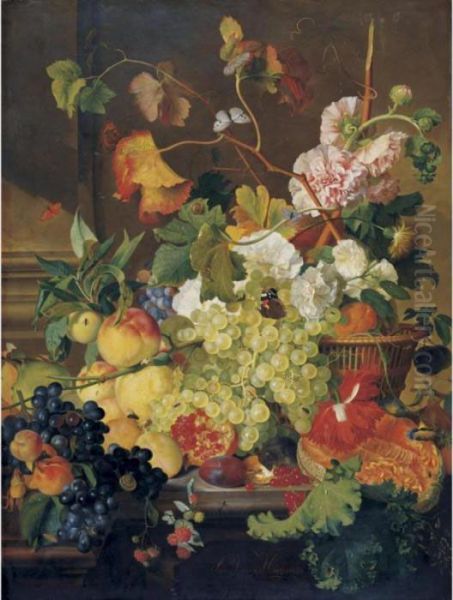 Still Life Of Grapes, Peaches, A
Melon And Other Fruit, With Peonies In A Basket, All On A Stone Ledge - view 1