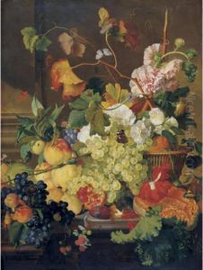 Still Life Of Grapes, Peaches, A
Melon And Other Fruit, With Peonies In A Basket, All On A Stone Ledge by Jan Van Huysum