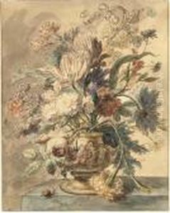 Flowers In A Terracotta Urn On A Marble Ledge, A Snail To The Left