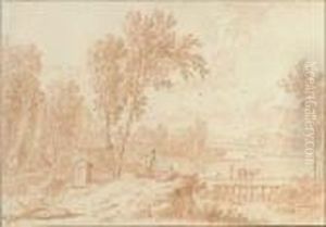 A Classical Landscape With A Path By A Lake by Jan Van Huysum