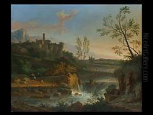 Landschaft Mit Wasserfall Und Figurenstaffage by Jan Van Huysum