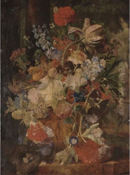 Tulips, Morning Glory, And Other
 Flowers In A Sculpted Urn With Abirds Nest On A Ledge, Figures In A 
Garden Beyond - view 1