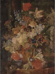 Tulips, Morning Glory, And Other
 Flowers In A Sculpted Urn With Abirds Nest On A Ledge, Figures In A 
Garden Beyond
