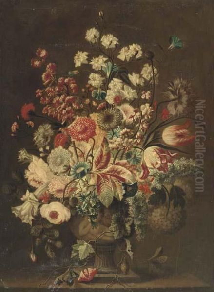 Parrot Tulips, Roses,
Hydrangeas, Carnations And Other Flowers In Asculpted Urn On A Ledge - view 1