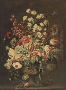 Parrot Tulips, Roses,
Hydrangeas, Carnations And Other Flowers In Asculpted Urn On A Ledge by Jan Van Huysum