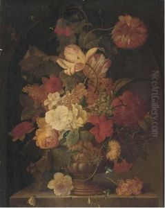 Flowers In Vase On A Stone Ledge by Jan Van Huysum