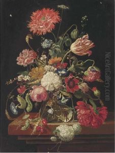 Tulips, Roses, Carnations And Other Flowers In A Glass Vase On A Stone Ledge by Jan Van Huysum
